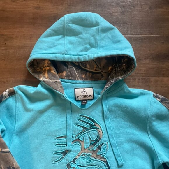 Legendary Whitetails Women’s Camo Trim Hoodie Size M – Turquoise Deer Logo Sweat - Picture 2 of 9
